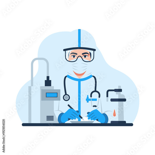 A medical professional in full protective gear, including a mask, goggles, and a hazmat suit, meticulously working with medical instruments and equipment in a laboratory setting.