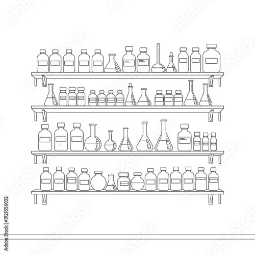 A detailed line drawing showcases a collection of various laboratory glassware and bottles neatly arranged on four shelves, illustrating a scientific or chemical setting.