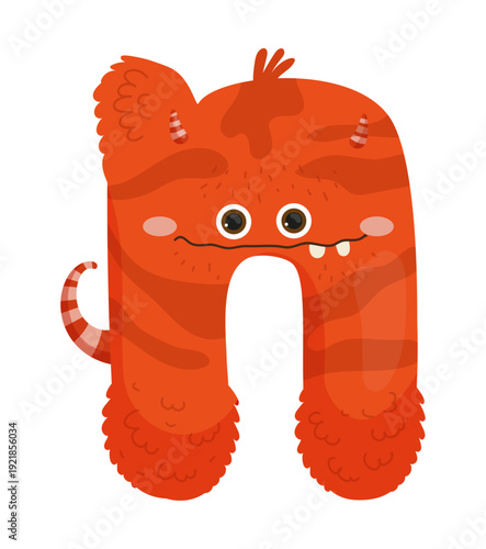 Vector illustration of an orange monster letter N with a tail and eyes. The character is cute and suitable for children's illustrations.