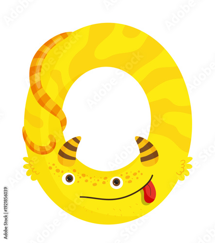 Vector illustration of a yellow monster letter O with a mouth and stripes. The character is colorful and designed for educational use.