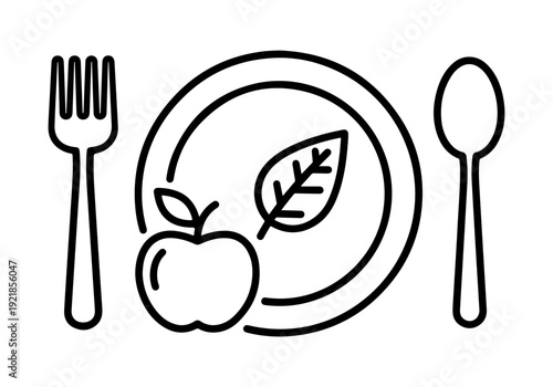 Healthy eating, nutrition, and a balanced diet with an apple, plate, fork, and spoon, representing a meal or food concept