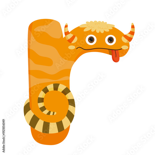 Vector illustration of an orange monster letter R with a tail and stripes. The character is cartoonish and designed for children's content.
