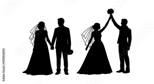 Bridal couple silhouettes celebrating their special wedding day, captured in an elegant illustration