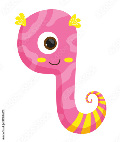 Vector illustration of a pink monster letter Q with an eye and a tail. The character is cartoonish and designed for kids' learning materials.