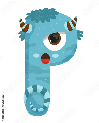 Vector illustration of a blue monster letter P with an eye and stripes. The character is playful and suitable for children's entertainment.