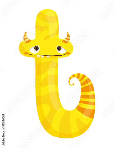 Vector illustration of a yellow monster letter T with stripes and horns. The character is cartoonish and designed for children's learning.