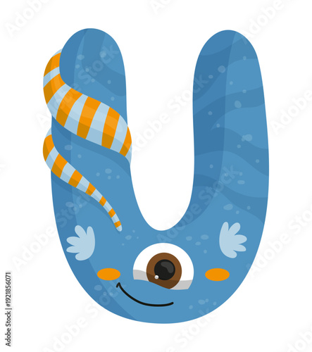 Vector illustration of a blue monster letter U with stripes and an eye. The character is playful and suitable for kids' educational content.