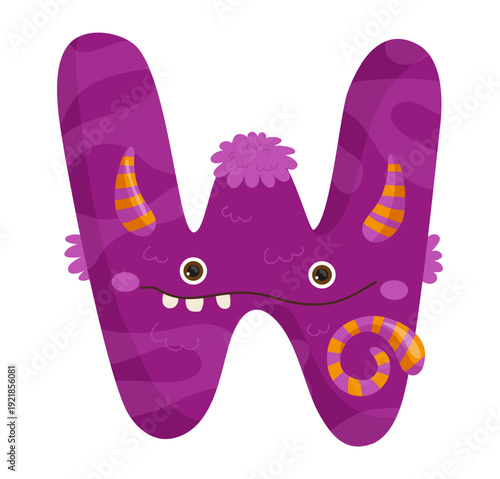 Vector illustration of a purple monster letter W with eyes and horns. The character is cute and suitable for children's illustrations.