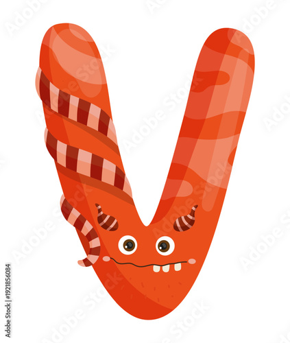 Vector illustration of a red monster letter V with stripes and eyes. The character is funny and designed for children's books and games.