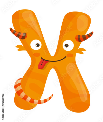 Vector illustration of an orange monster letter X with a tail and horns. The character is colorful and designed for educational use.