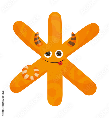 Vector illustration of an orange monster star and asterisk with eyes and stripes. The character is playful and suitable for children's content.