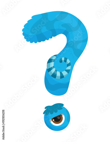 Vector illustration of a blue monster question mark. The character is cartoonish and designed for educational use.