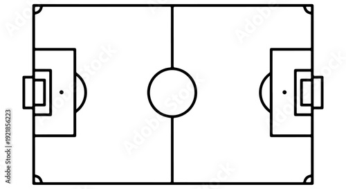 Top-down illustration of a soccer field with goal boxes and a center circle, ideal for sports and game-related content