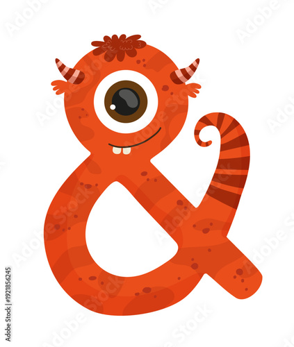 Vector illustration of an orange monster ampersand. The character is cartoonish and designed for children's illustrations and games.