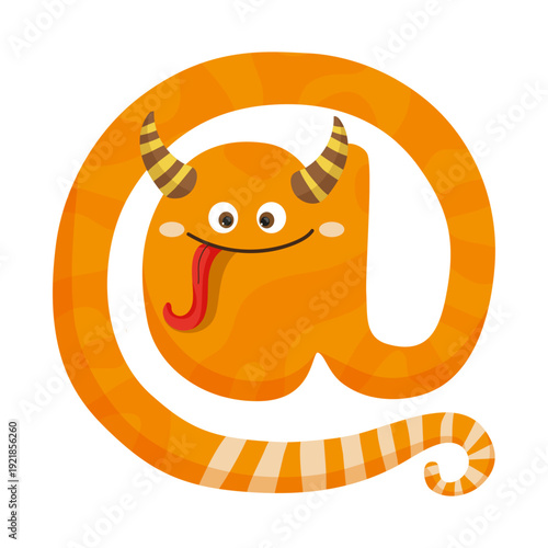 Vector illustration of an orange monster at sign with eyes and a tail. The character is colorful and suitable for children's entertainment.