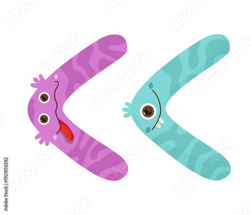 Vector illustration of pink and blue monster angle brackets. The characters are cartoonish and designed for children's content.