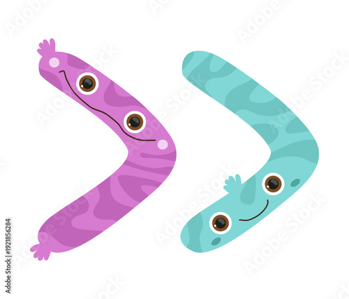 Vector illustration of pink and blue monster angle brackets. The characters are cartoonish and designed for kids' learning materials.
