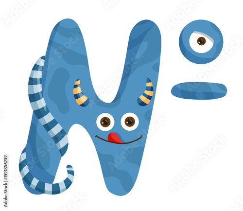 Vector illustration of a blue monster number sign with eyes. The character is cartoonish and designed for educational use.