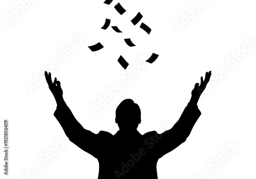 Silhouette of a person with arms raised celebrating as money falls from above, symbolizing success and wealth