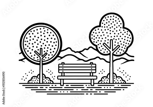 Minimalist line art illustration of a tranquil park scene with a wooden bench, trees, and mountains, evoking outdoor relaxation and peaceful natural landscapes