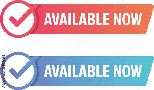 Checkmark Badges with Available Now Text in Modern Flat Design with Bright Colors on Gradient Backgrounds for Marketing Templates