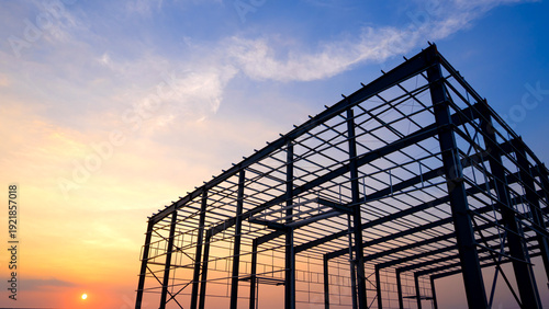 Fotografie Silhouette steel structure of industry warehouse factory building with metal fra