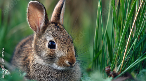 Cute young rabbit sits peacefully among lush green grass in a natural outdoor setting.