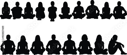 Set of children sitting cross legged silhouettes, boys and girls in meditation pose vector illustration collection