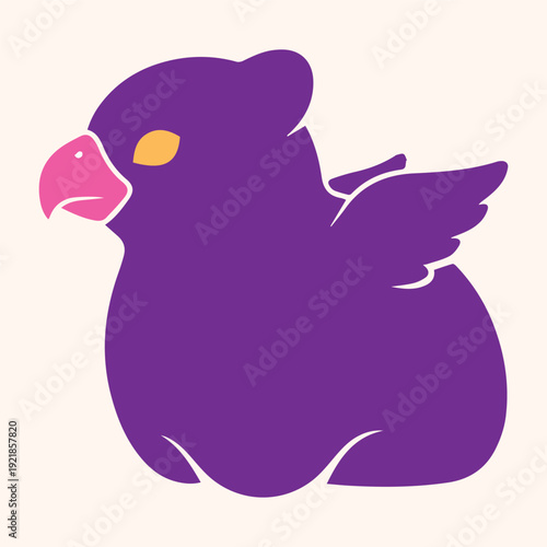 A vibrant purple cartoon bird with a pink beak and yellow eye