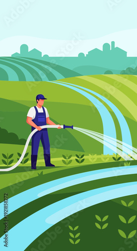 Farmer Watering Green Fields With Hose Irrigation System Technology