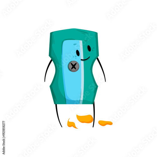 Vector illustration of a cartoon sharpener character with a face and arms.