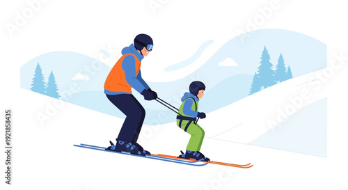 Father And Child Skiing Down Snowy Hill Together Learning The Sport