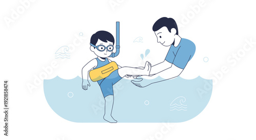 Father Teaching Child Snorkeling With Kickboard in Pool