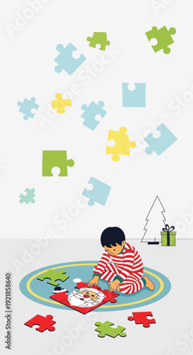 Festive Child Assembles Santa Puzzle Amidst Floating Shapes