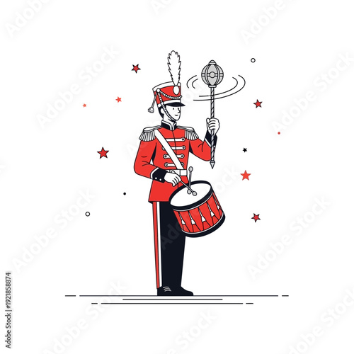 Festive Drummer Soldier In Traditional Uniform With Baton And Drum