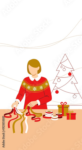 Festive Ribbon Preparation For Holiday Gift Wrapping Season