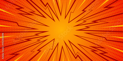 Comic Zoom Burst Background with Lightning Speed Lines and Halftone Dots in Orange and Red