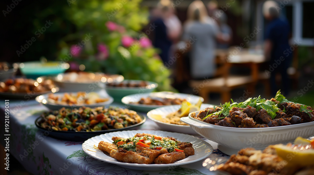 Obraz premium Table with different local dishes in backyard at friends party outdoor feast summer entertaining social gathering homemade food patio dining natural daylight defocused