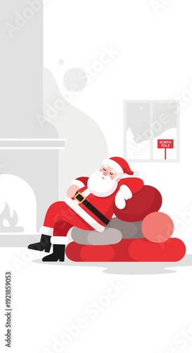 Festive Santa Claus Relaxing By A Cozy Fireplace With Gift Bag