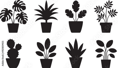 Minimal indoor potted plants vector set with tropical leaves, modern foliage silhouettes, home decor greenery, botanical illustration for design use