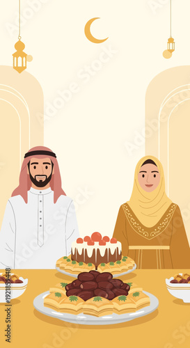 Festive Iftar Meal Shared By A Muslim Couple With Traditional Delicacies