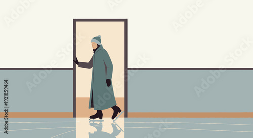 Figure On Ice Enters Doorway With Winter Clothing And Ice Skating Equipment