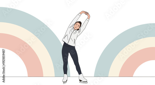 Figure Skater Stretching With Rainbow Arc Backdrop