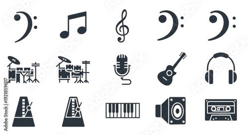 Collection of musical instruments and symbols icons.
