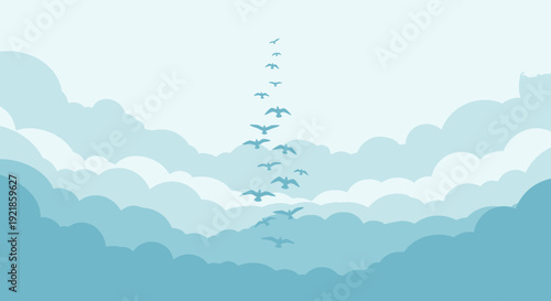 Flock Of Birds Ascending Through Soft Blue Clouds