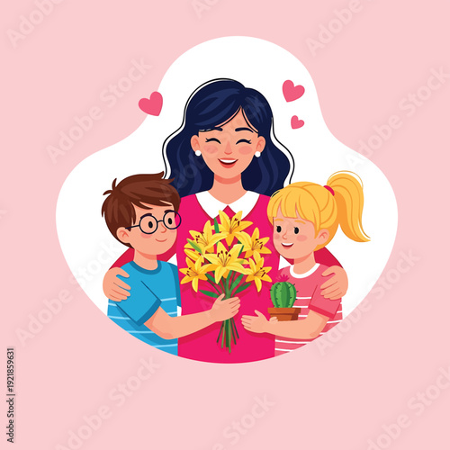 Happy Mothers Day illustration with children giving flowers to their mom.