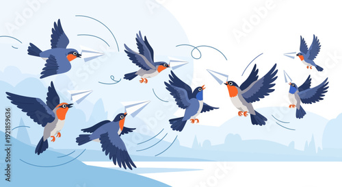 Flock Of Birds Chasing Paper Airplanes In Sky A Metaphor For Ambition