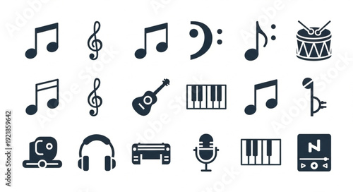 Collection of musical instruments and symbols icons.