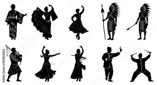 Diverse cultural figures in silhouette dancing and holding traditional items.