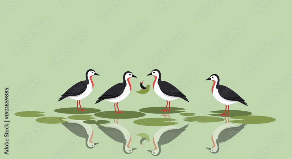 Obraz premium Four Elegant Water Birds Gathered on Lily Pads In A Calm Pond Scene